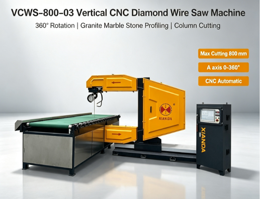 화강암 대리석 곡선 절단을 위한 360° 회전 수직 CNC 다이아몬드 와이어 톱 기계 | 7.5-15kW 모터 출력 및 3+3톤 작업대 하중